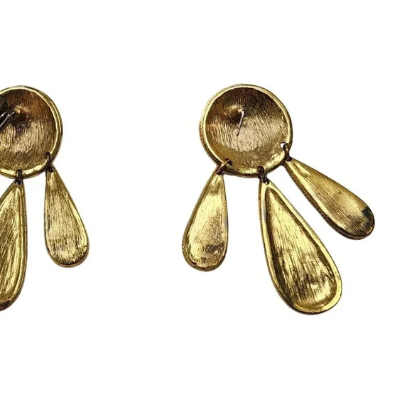 Vintage 60s-70s Enamel Dangle Drop Petals Earrings Gold Tone - Picture 2 of 2